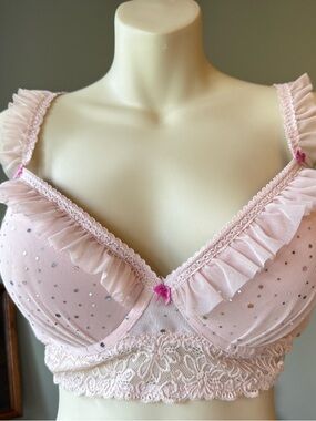 SAKI SILVER 38D THICKLY PADDED RUFFLED BRA PRETTY PINK WITH LACE